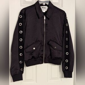 NWT DKNY Women's (Size Small) Black Logo Grommet Woven Lined Bomber Jacket